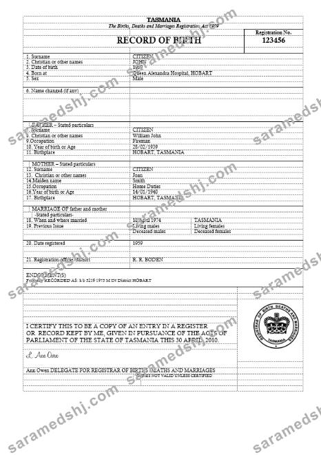 Australia Tasmania birth certificate template in Word format